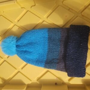 New! Hand knitted Blue and Black Knit Beanie with Pom Pom